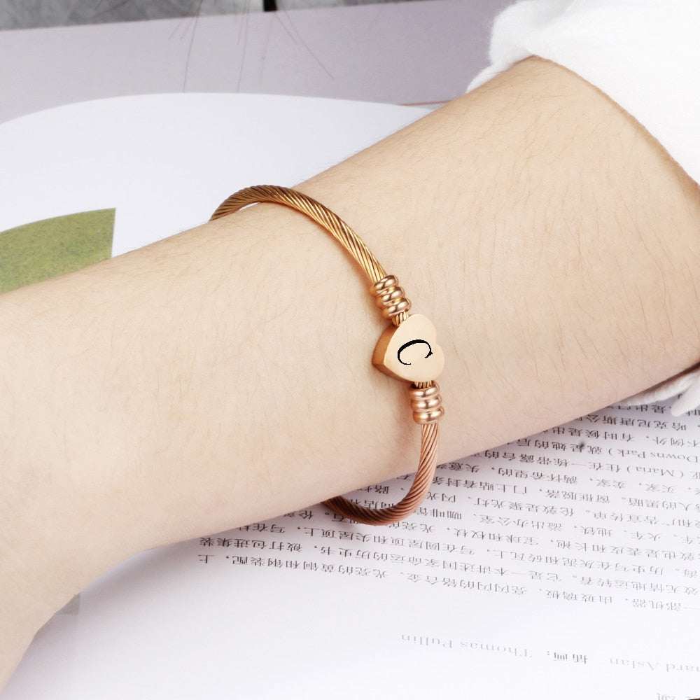 Rose gold Color Stainless Steel Heart Bracelet Bangle With Letter Fashion Initial Alphabet Charms Bracelets For Women - Executive-Skincare