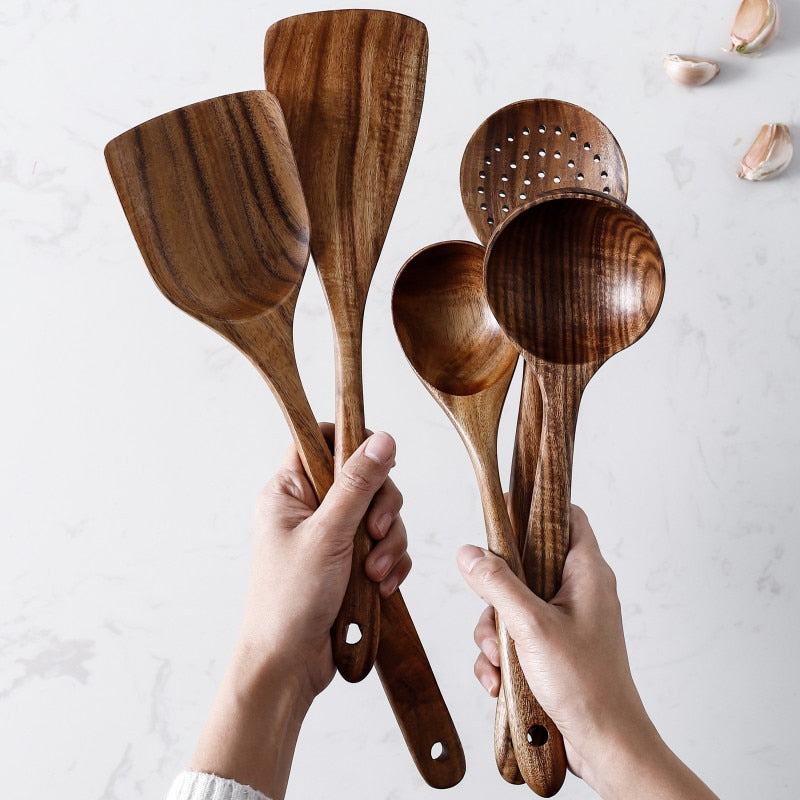 7pcs/set Teak Natural Wood Tableware Spoon Ladle Turner Rice Colander Soup Skimmer Cooking Spoon Scoop Kitchen Reusable Tool Kit - Executive-Skincare