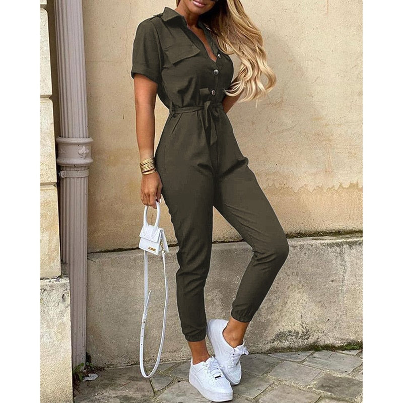 Fashion Women Jumpsuit Solid Color Summer Casual Lapel Printed Belt Work Overalls Ladies New Hot Selling Button Long Jumpsuit - Executive Quality Store