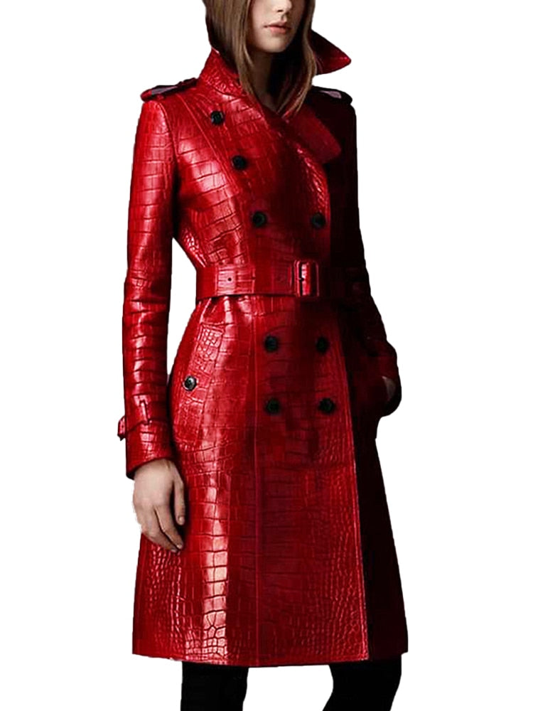 Lautaro Autumn Long Red Crocodile Print Leather Trench Coat for Women Belt Double Breasted Elegant British Style Fashion 2021 - Executive-Skincare