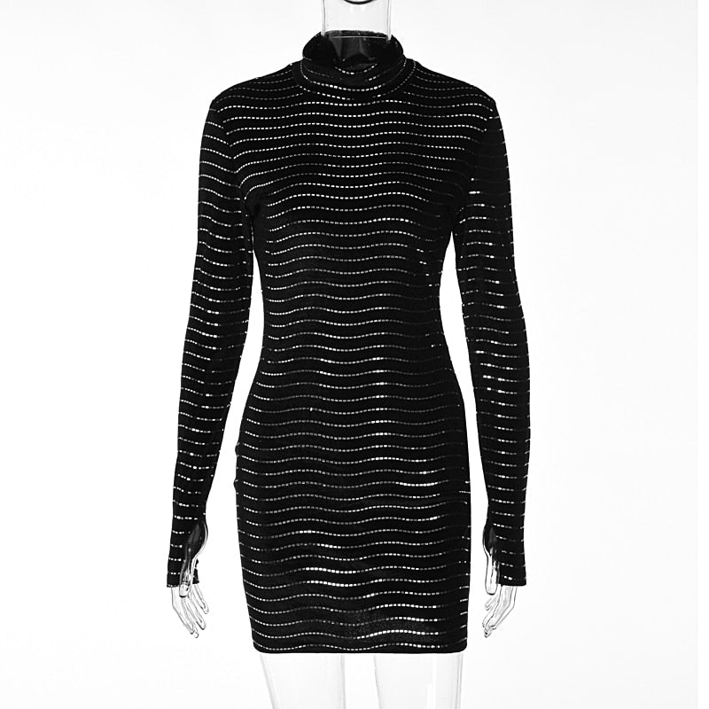 Hawthaw Women Fashion Autumn Winter Long Sleeve Bodycon Party Club Black Sequin Mini Dress 2021 Wholesale Items For Business - Executive-Skincare