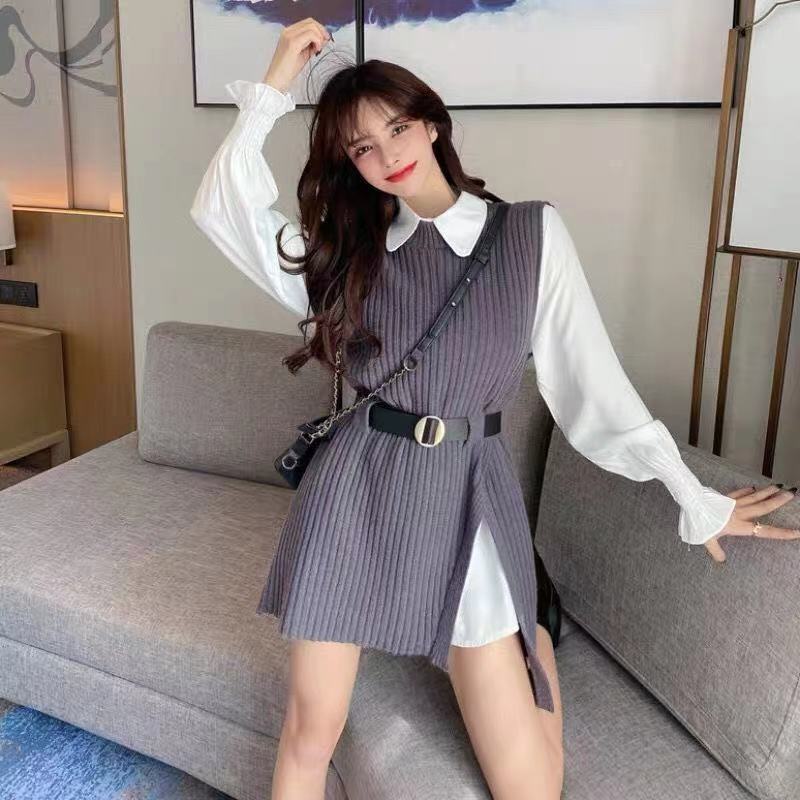 Long lantern sleeve shirt women knitted vest 2 two piece set 2022 spring autumn womens Shirts sets Sleeveless Sweater tops - Executive-Skincare