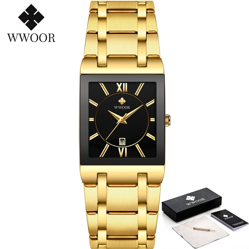 Relogio Masculino WWOOR Gold Watch Men Square Mens Watches Top Brand Luxury Golden Quartz Stainless Steel Waterproof Wrist Watch - Executive-Skincare