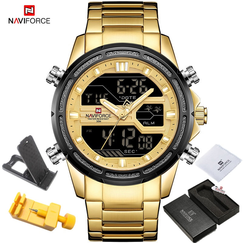 NAVIFORCE Watches for Men Luxury Brand Digital Chronograph Sport Quartz Wristwatch Waterproof Military Steel Band Luminous Clock - Executive-Skincare