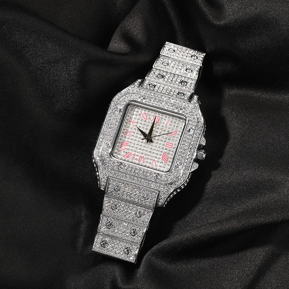 Hip Hop Full Iced Out Full Drill Men Square Watches Stainless Steel Fashion Luxury Rhinestones Quartz Square Business Watch - Executive-Skincare