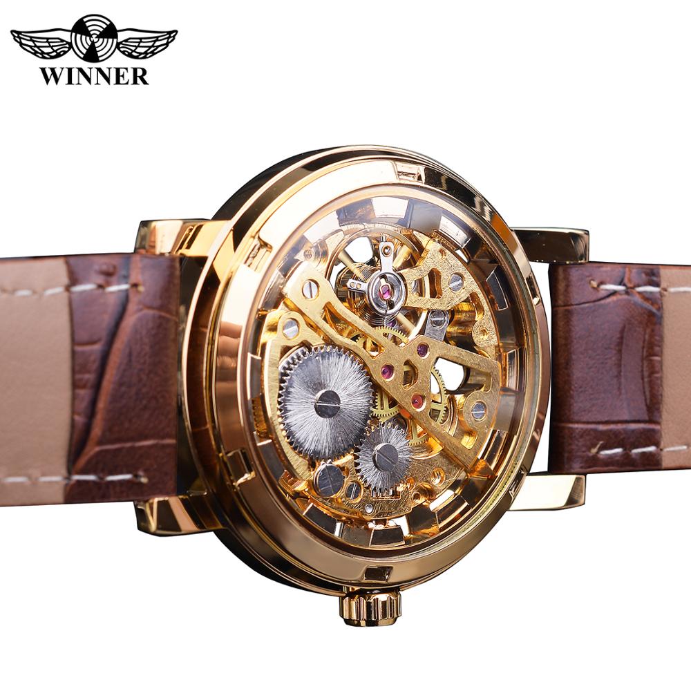 Winner Transparent Golden Case Luxury Casual Design Brown Leather Strap Mens Watches Top Brand Luxury Mechanical Skeleton Watch - Executive-Skincare