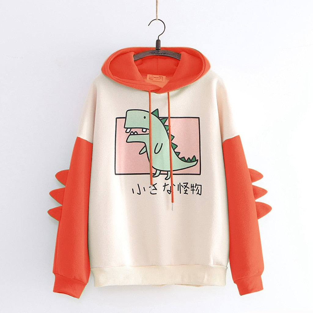 Winter dino hoodie Tops Dinosaur Oversized Cartoon Hoodie Women Fashion Sweatshirt Casual Print Korean Style Thicken Sweatshirt - Executive-Skincare