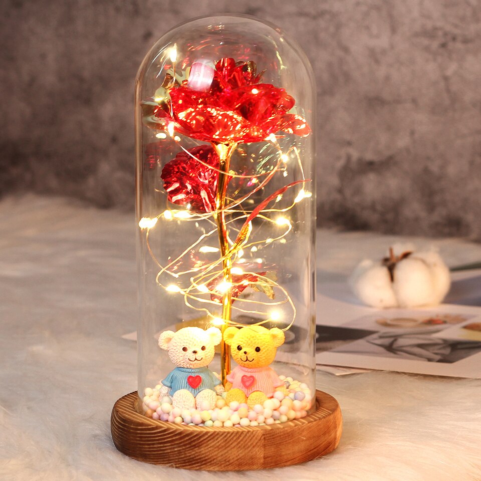 Beauty and Beast Rose Flower with Teddy Rose Bear In Glass Dome Home Wedding Decoration Birthday Valentine&#39;s Day Mother &#39;s Gift - Executive-Skincare