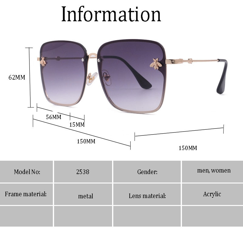 Luxury Brand Designer Female Rimless Sunglasses AViation Women Sun Glasses Gradient Shades Little bee Lens Ladies UV400 rays - Executive-Skincare