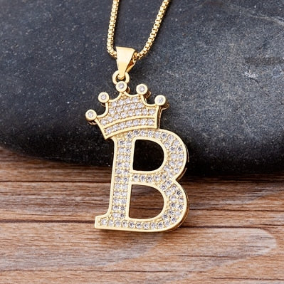 Nidin New Luxury Copper Zircon A-Z Crown Alphabet Pendant Chain Necklace Hip-Hop Style Fashion Woman Man Initial Name Jewelry - Executive-Skincare