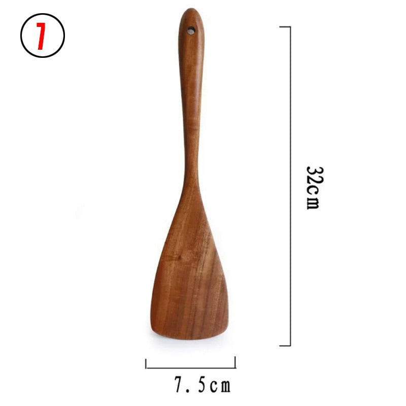 7pcs/set Teak Natural Wood Tableware Spoon Ladle Turner Rice Colander Soup Skimmer Cooking Spoon Scoop Kitchen Reusable Tool Kit - Executive-Skincare