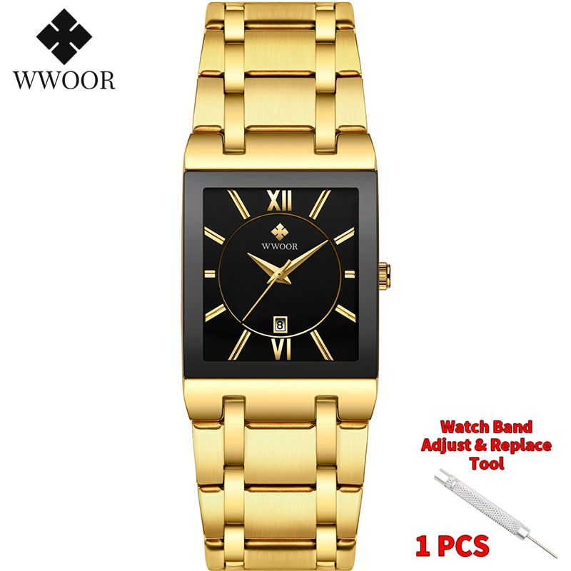 Relogio Masculino WWOOR Gold Watch Men Square Mens Watches Top Brand Luxury Golden Quartz Stainless Steel Waterproof Wrist Watch - Executive-Skincare