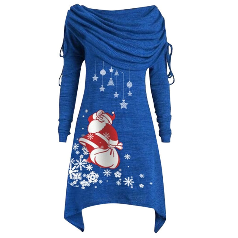 New Arrival Long Sleeve Santa Claus Dress Women Snowflake Print Irregular Dress Top Female Fashion Christmas Dress - Executive-Skincare