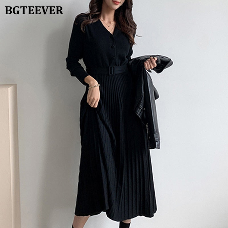 BGTEEVER Elegant V-neck Single-breasted Women Thicken Sweater Dress 2021 Autumn Winter Knitted Belted Female A-line soft dresses - Executive-Skincare