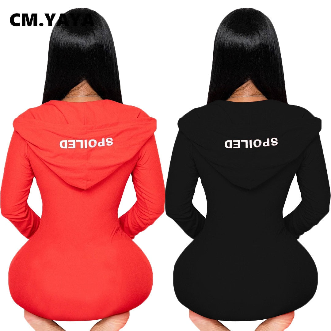 CM.YAYA Hooded Letter Print Button Solid Jumpsuits for Women Winter Leisure Wear Full Sleeve Sheath Skinny Elastic Jumpsuit Warm - Executive Quality Store