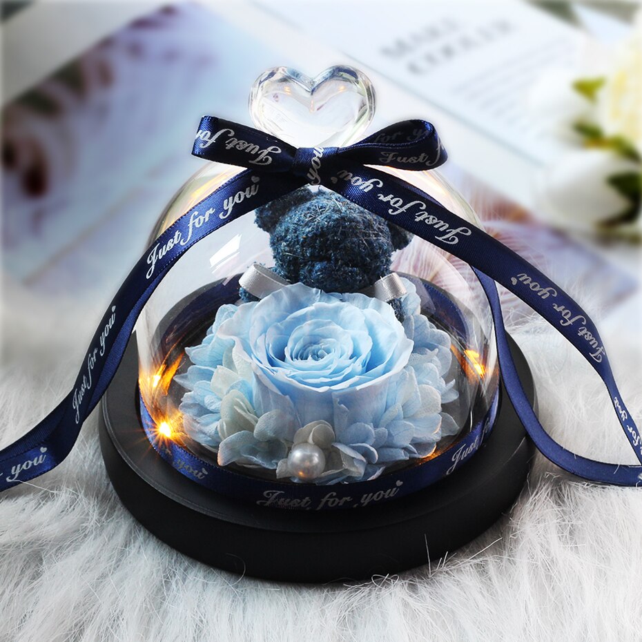 The Beautiful and the Beast Teddy Bear Rose Decor Natural Dried Flowers In Glass Dome LED Mother&#39;s Valentine&#39;s Day Wedding Gift - Executive-Skincare