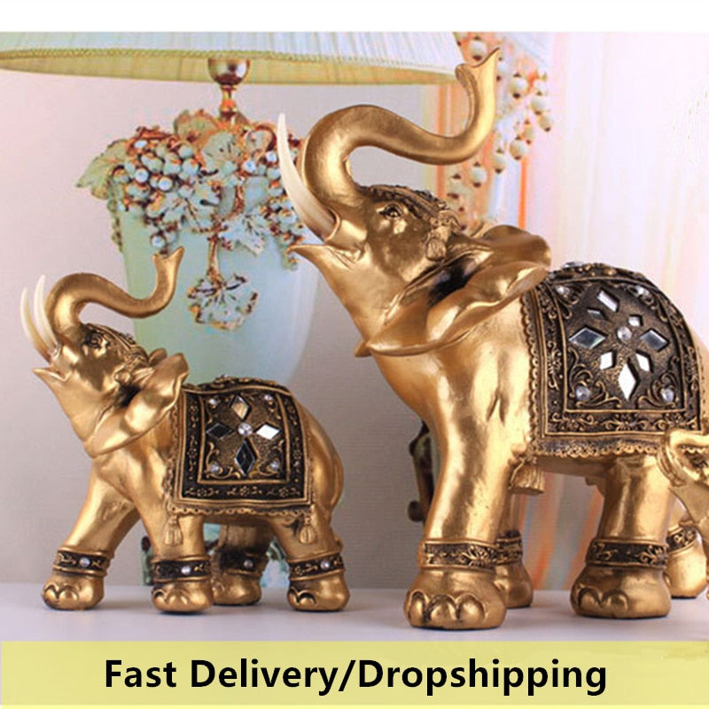 Golden Resin Elephant Statue Feng Shui Elegant Elephant Trunk Sculpture Lucky Wealth Figurine Crafts Ornaments For Home Decor - Executive-Skincare