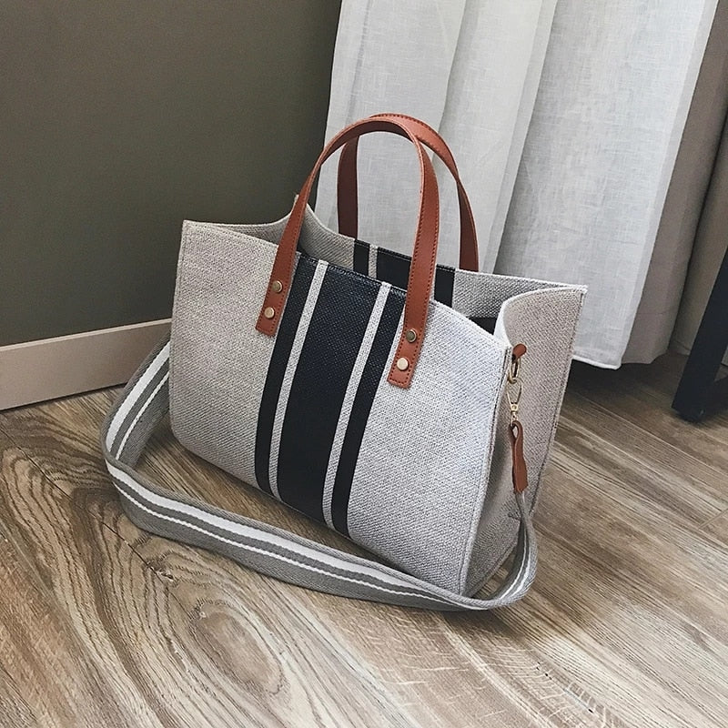 Large Capacity Canvas Striped Women Tote Bag Commuter Shoulder Crossbody Bags for Women 2021 Fashion Business Briefcase Handbag - Executive-Skincare