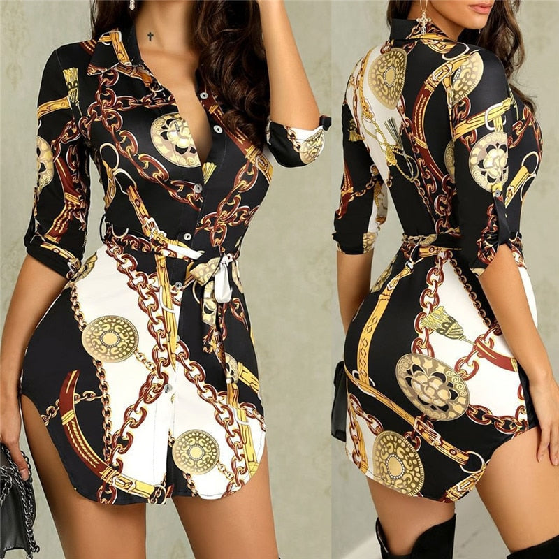 Women Sexy Fashion Chain Strap Print Dress Half Sleeve Turn-down Button Slim Shirt Dress Office Lady Clothes for Summer Spring - Executive-Skincare