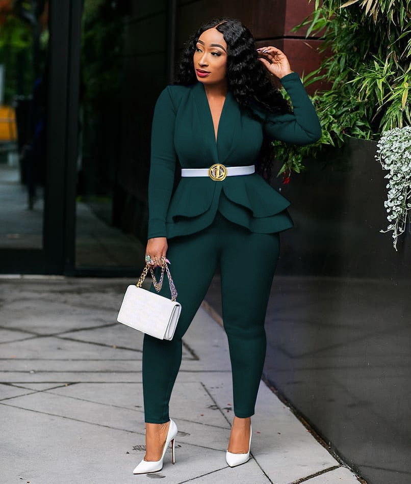 New Women Winter Women&#39;s Set Tracksuit Full Sleeve Ruffles Blazers Pencil Pants Suit Two Piece Set Office Lady Outfits Uniform - Executive-Skincare