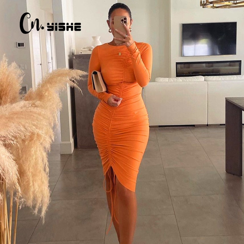 CNYISHE Autumn Women Going Out Dress Fashion Drawstring Ruched Dresses Women Neon Orange O-neck Long Sleeve Midi Dress Vestidos - Executive-Skincare