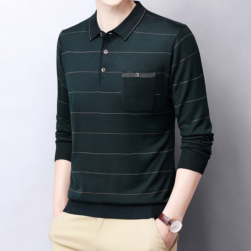 2022 Pocket Long Sleeve Polo Tee Shirt Men Casual Striped Men&#39;s Clothing Polos Shirts Mens Fashion Slim Fit Poloshirt Tops 4600 - Executive-Skincare