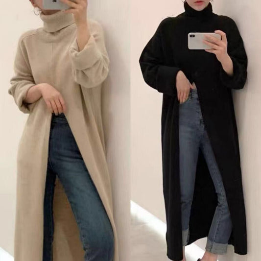 Turtleneck Long fall winter Sweater Dress Side split Female Pullover mujer sueteres - Executive-Skincare