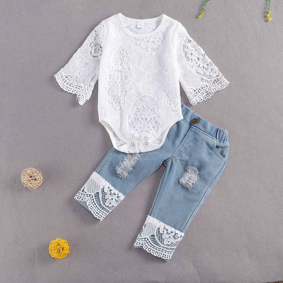 lioraitiin New 0-24M Baby Girls Fall Clothes Long Sleeve Lace Romper Suit Triangle Crotch Lace Top  Hole Long Jeans 2Pcs Outfit - Executive-Skincare