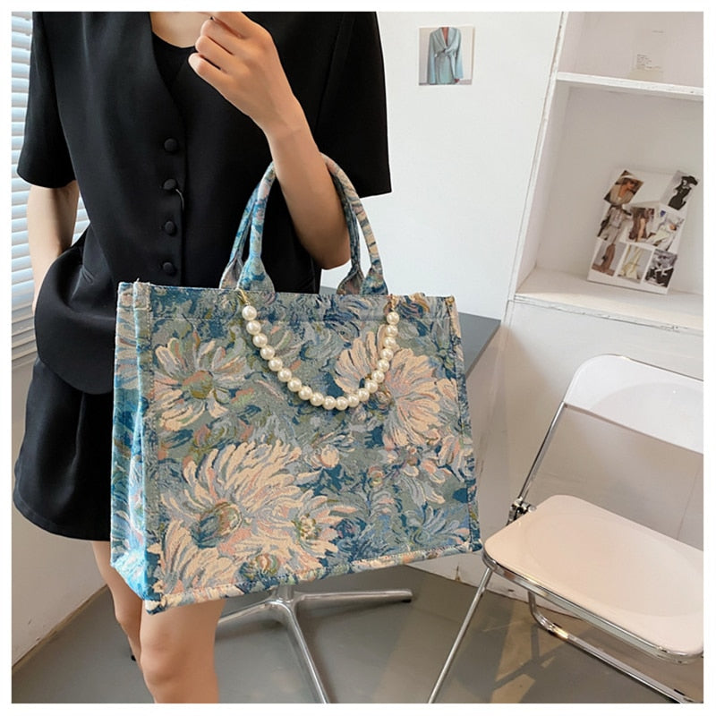 Unusual Design Denim Handbags for Women 2021Autumn New Luxury Woman Canvas Tote Bag Pearl Bead Decorated Diagonal Crossbag Femme - Executive-Skincare