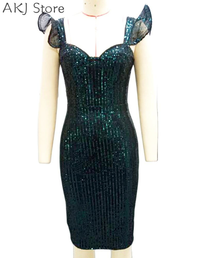 Women Sequined Flutter Sleeve Bodycon Split Back Mini Dress - Executive-Skincare