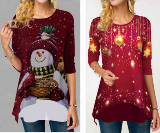 Christmas Snowman Printed Loose Round Neck Long Sleeve Women&#39;s T-shirt Fall/Winter Casual Printed Christmas T-shirt - Executive-Skincare