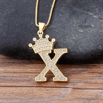 Nidin New Luxury Copper Zircon A-Z Crown Alphabet Pendant Chain Necklace Hip-Hop Style Fashion Woman Man Initial Name Jewelry - Executive-Skincare