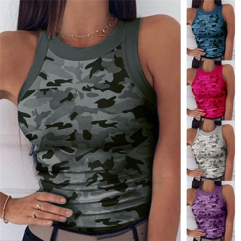 2022 Summer Women Print Top Fashion Women Casual Army Camo Camouflage Tank Sleeveless O-neck Slim Vest T-Shirts - Executive-Skincare