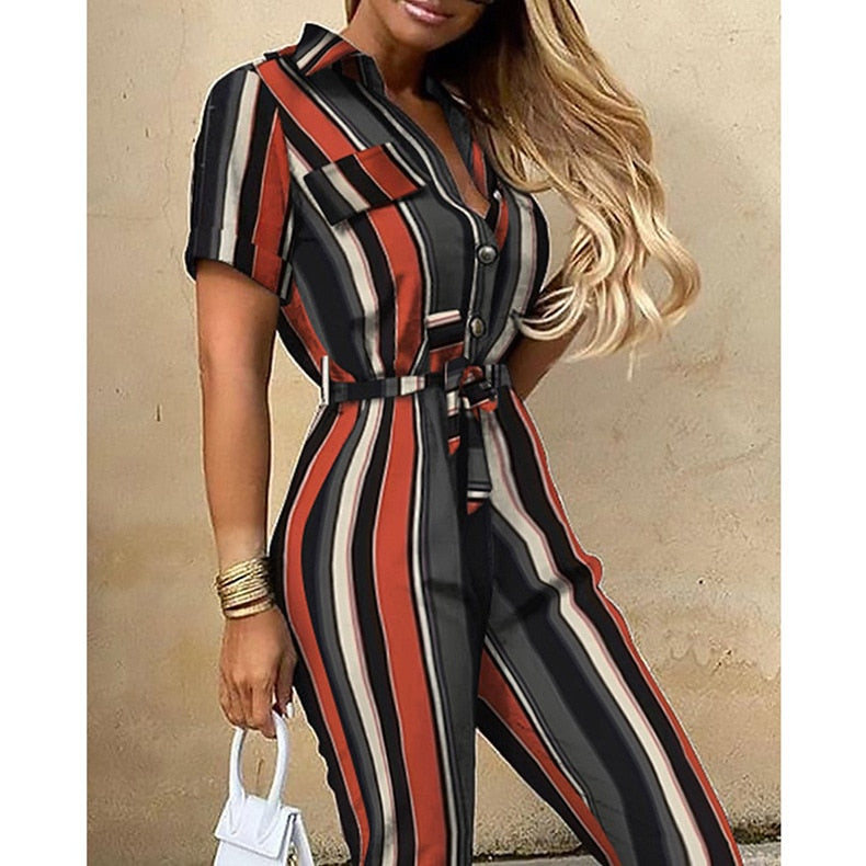 Fashion Women Jumpsuit Solid Color Summer Casual Lapel Printed Belt Work Overalls Ladies New Hot Selling Button Long Jumpsuit - Executive Quality Store