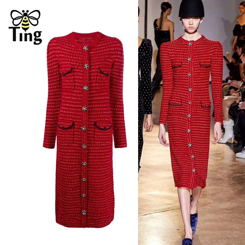 Tingfly 2022 Runway Chic Knitted Midi Long Luxury Crystal Button Party Dinner Dress Christmas Red Single Breasted Elbise New - Executive-Skincare