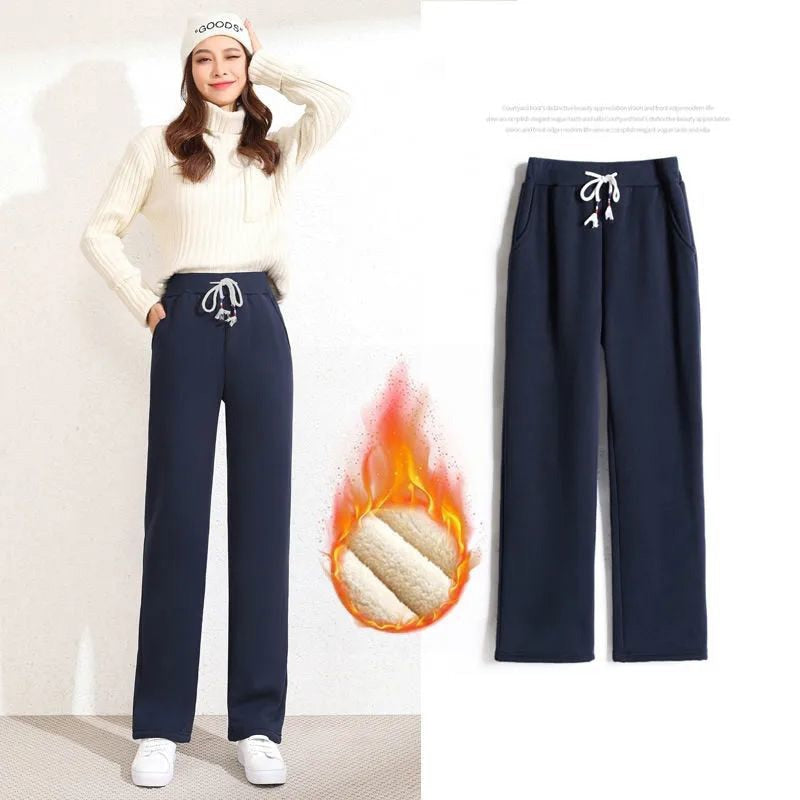 2021 Autumn Winter New Korean Fashion Plus Velvet Thickened Wide Leg Pants Women&#39;s High Waist Straight Warm Loose Trousers 3XL - Executive Quality Store