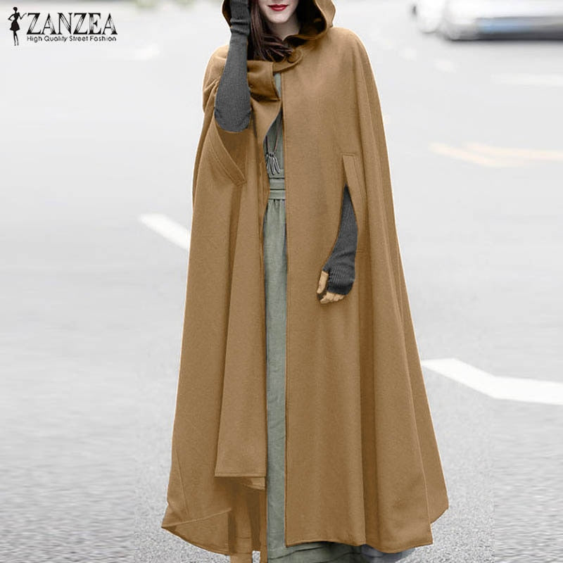 ZANZEA Women Poncho Winter Hooded Open Front Cloak Loose Solid Long Coat Hoodies Cosplay Outwear Christmas Casual Cape - Executive-Skincare