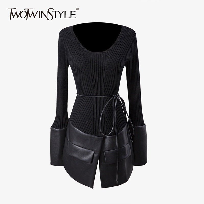 TWOTWINSTYLE Patchwork PU Black Sweater For Women O Neck Long Sleeve Lace Up Bowknot Knitted Tops Female Fashion New Autumn - Executive-Skincare