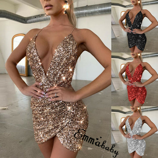 Women&#39;s Spaghetti Strap Deep V Neck Sequins Glitter Short Dress Sparkly Bodycon Evening Party Club Wear Dress - Executive-Skincare