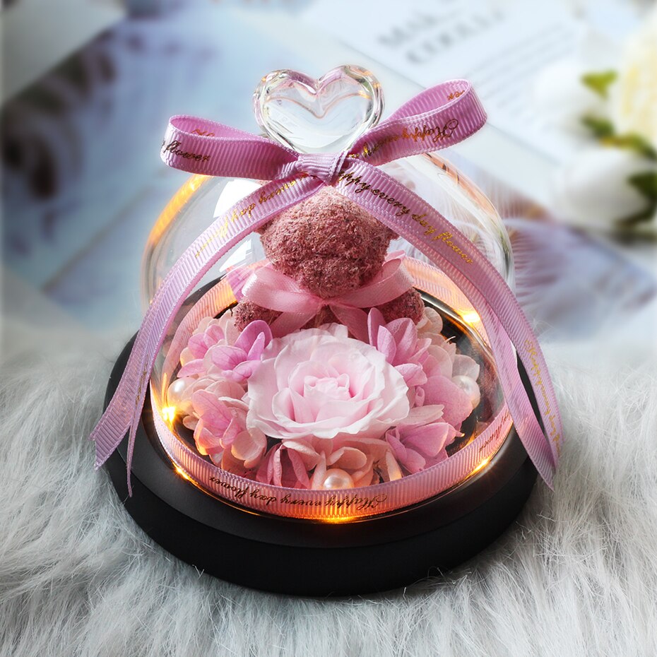 The Beautiful and the Beast Teddy Bear Rose Decor Natural Dried Flowers In Glass Dome LED Mother&#39;s Valentine&#39;s Day Wedding Gift - Executive-Skincare