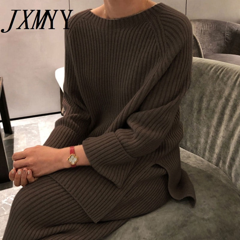 JXMYY 2022 New Fashion Winter Women&#39;s Thicken Warm Knitted Pullover Sweater Two-Piece Suits +High Waist Loose Wide Leg Pants Set - Executive-Skincare