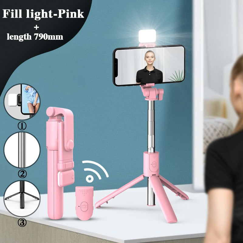 Selfie Stick Wireless Bluetooth Compatible Foldable Mini Tripod For Phone With Fill Light Shutter Remote Control For IOS Android - Executive-Skincare