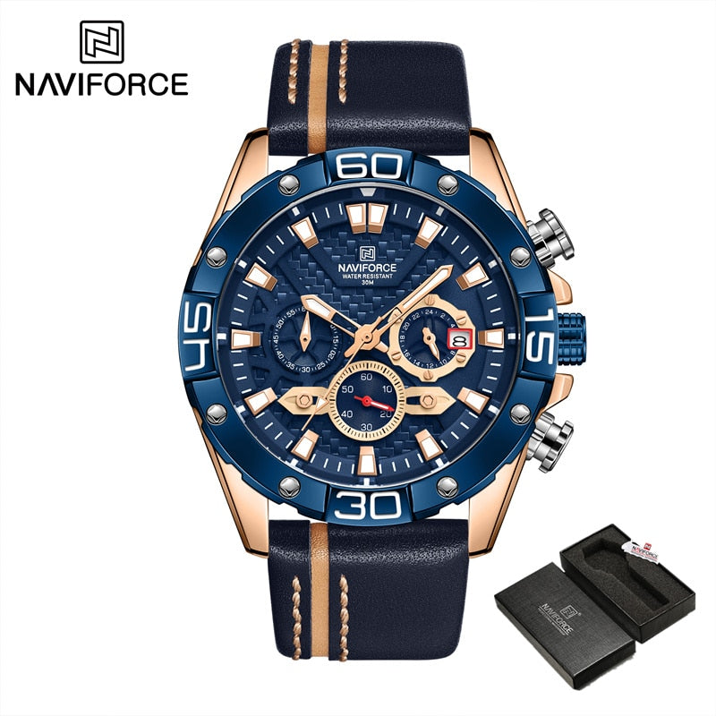 Top Luxury NAVIFORCE Watches for Men Fashion Sport Chronograph Quartz Wrist Watches Male Military Leather Strap Waterproof Clock - Executive-Skincare