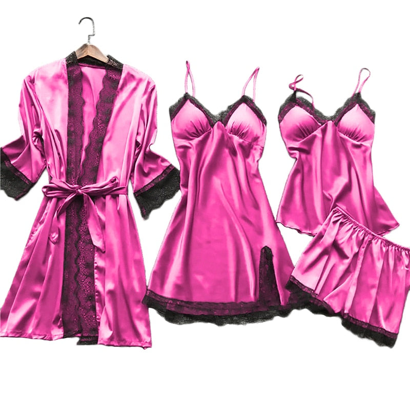 5pcs Silk Robe Set Women Lace Pajamas Gown Set V-Neck Nighties Wear Home Nightwear Pijama Sleepsuit Spring Nightdress