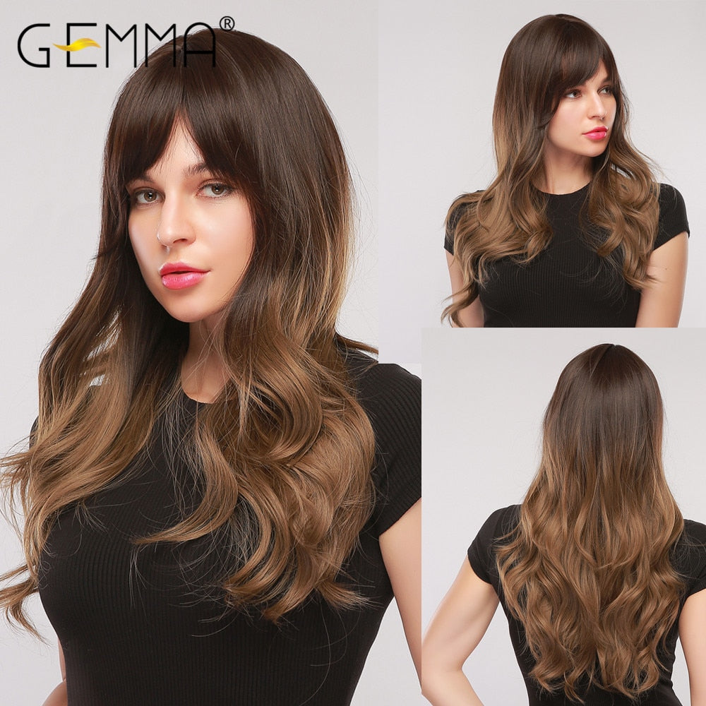 GEMMA Long Wavy Wigs with Bangs Black Brown Ombre Synthetic Heat Resistant Wigs For Women Girls Cosplay Party Daily False Hair - Executive-Skincare