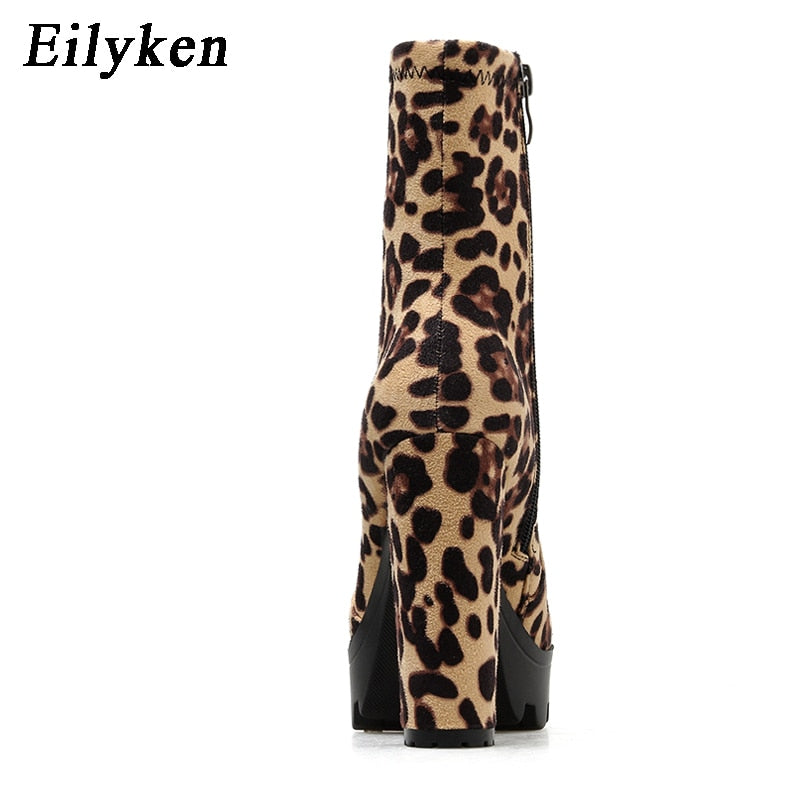 Eilyken Fashion Leopard Ankle Boots For Women Thick Heels Autumn Winter Flock Platform Shoes High Heels Zipper Ladies Botas Muje - Executive-Skincare