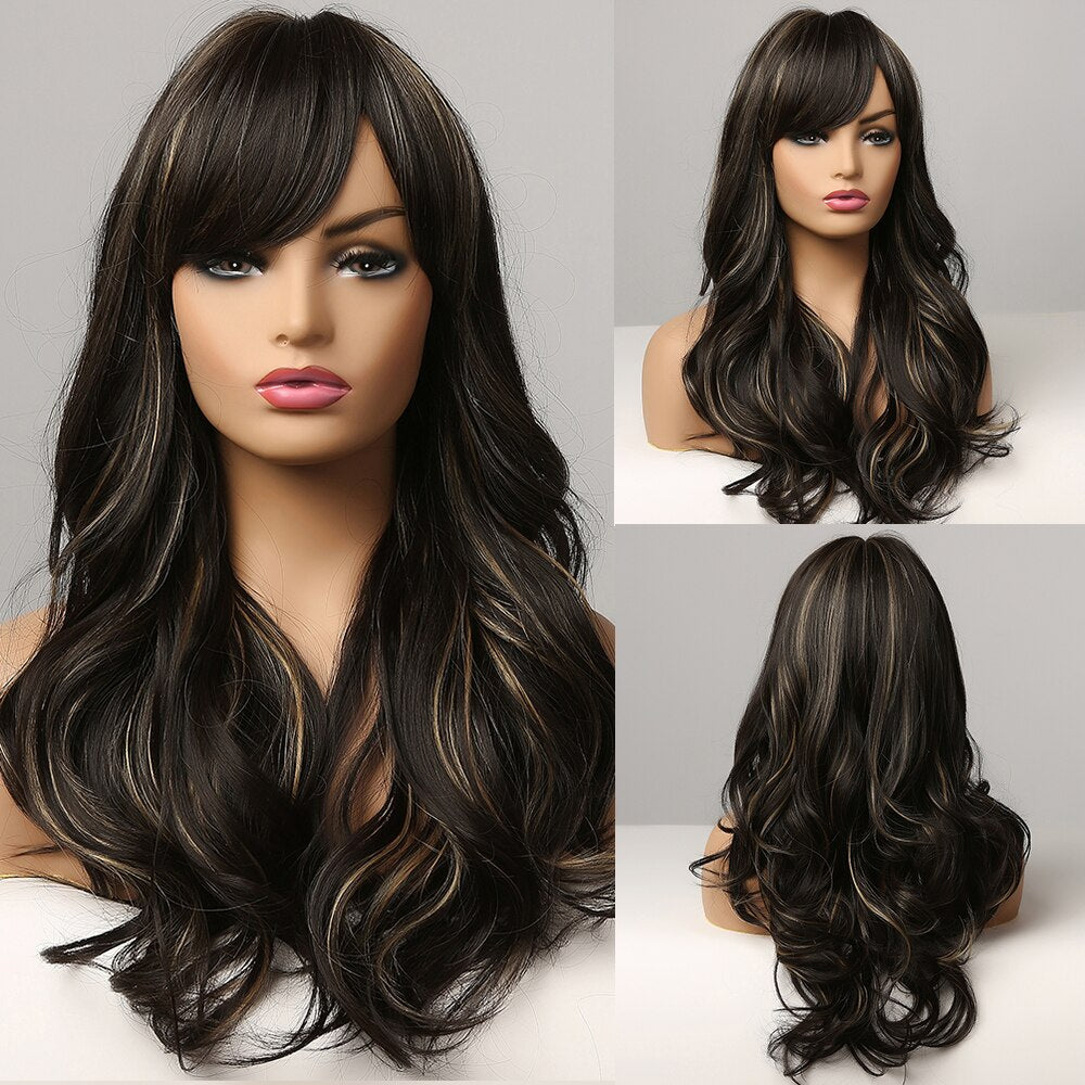 GEMMA Long Wavy Wigs with Bangs Black Brown Ombre Synthetic Heat Resistant Wigs For Women Girls Cosplay Party Daily False Hair - Executive-Skincare