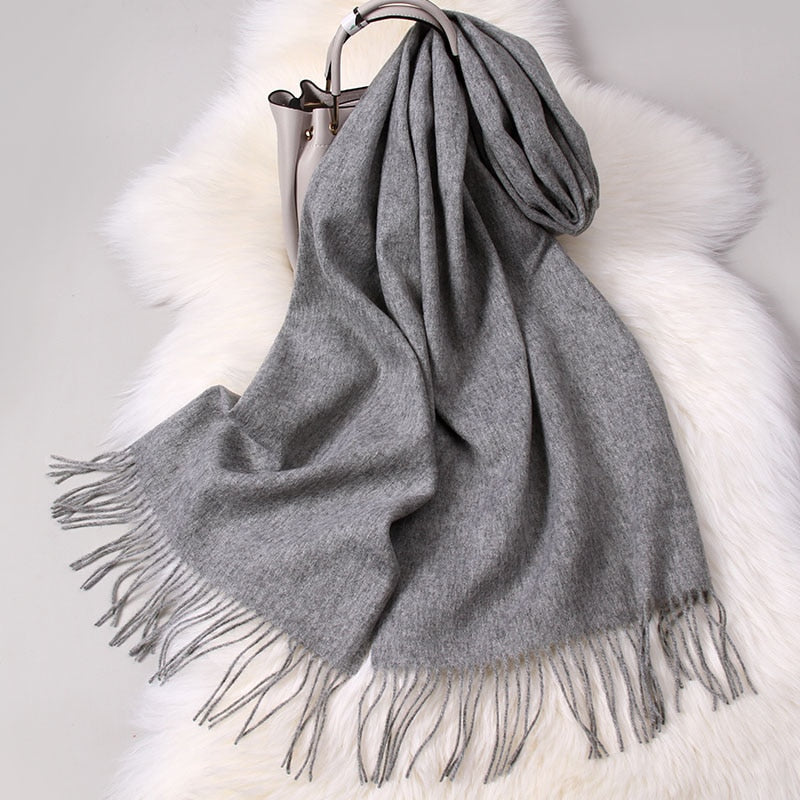 Winter 100% Pure Wool Scarf Neck Warmer Women Echarpe Wrap with Tassel Pashmina Foulard Femme Merino Cashmere Scarves for Ladies - Executive-Skincare