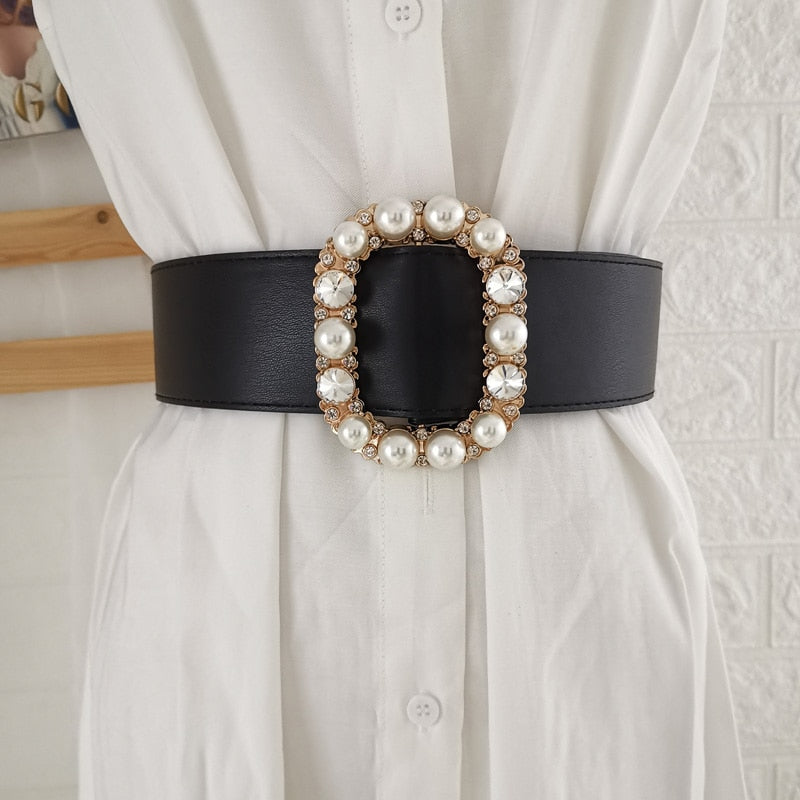 Luxury Crystal Pearl Gold Buckle Belts for Women HOT Wide Solid PU Leather Belt Black Dress Waistbands Lady Gifts No Pin Belt - Executive-Skincare