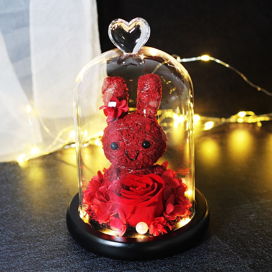 The Beautiful and the Beast Teddy Bear Rose Decor Natural Dried Flowers In Glass Dome LED Mother&#39;s Valentine&#39;s Day Wedding Gift - Executive-Skincare